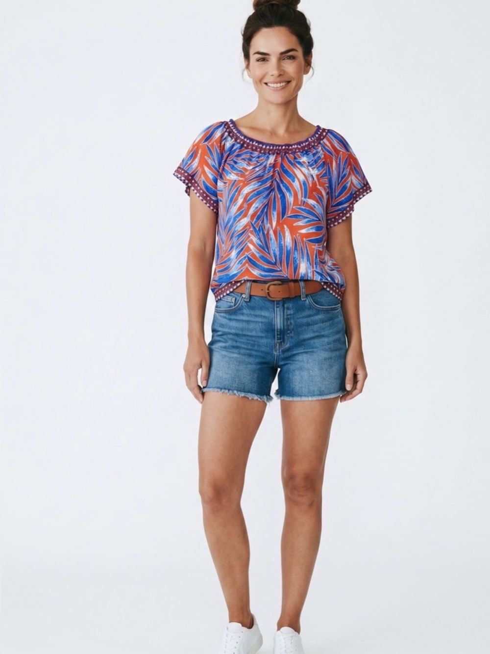 Flying Tomato Top Red Blue Tropical Peasant Blouse Off Shoulder Extra Small